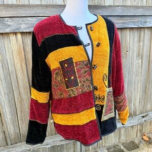 Vintage Allure Maroon Gold Tapestry Patchwork Embroidered Velour Cardigan Small
